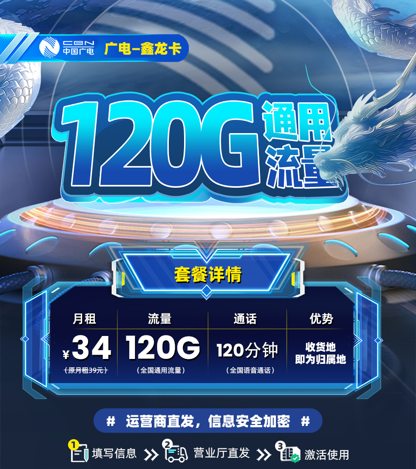 上海广电鑫龙卡34元120G流量+120分钟通话+在线选号  第1张